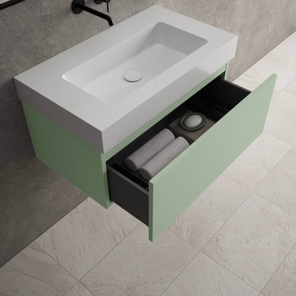 Raffinata One Drawer Vanity Unit With Beyondstone BLOC Basin - Matt Light Green 800mm