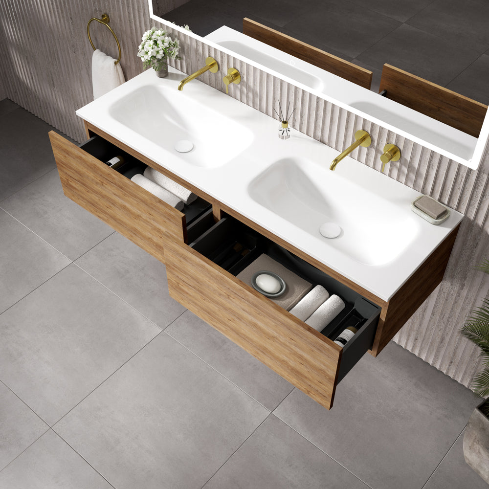 Raffinata Two Drawer Vanity Unit With Beyondstone Double Basin - Oak 1400mm