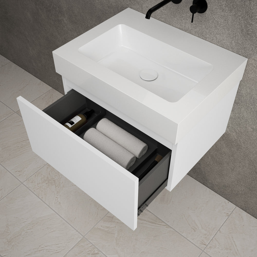 Raffinata One Drawer Vanity Unit  With Beyondstone BLOC Basin - Matt White 600mm