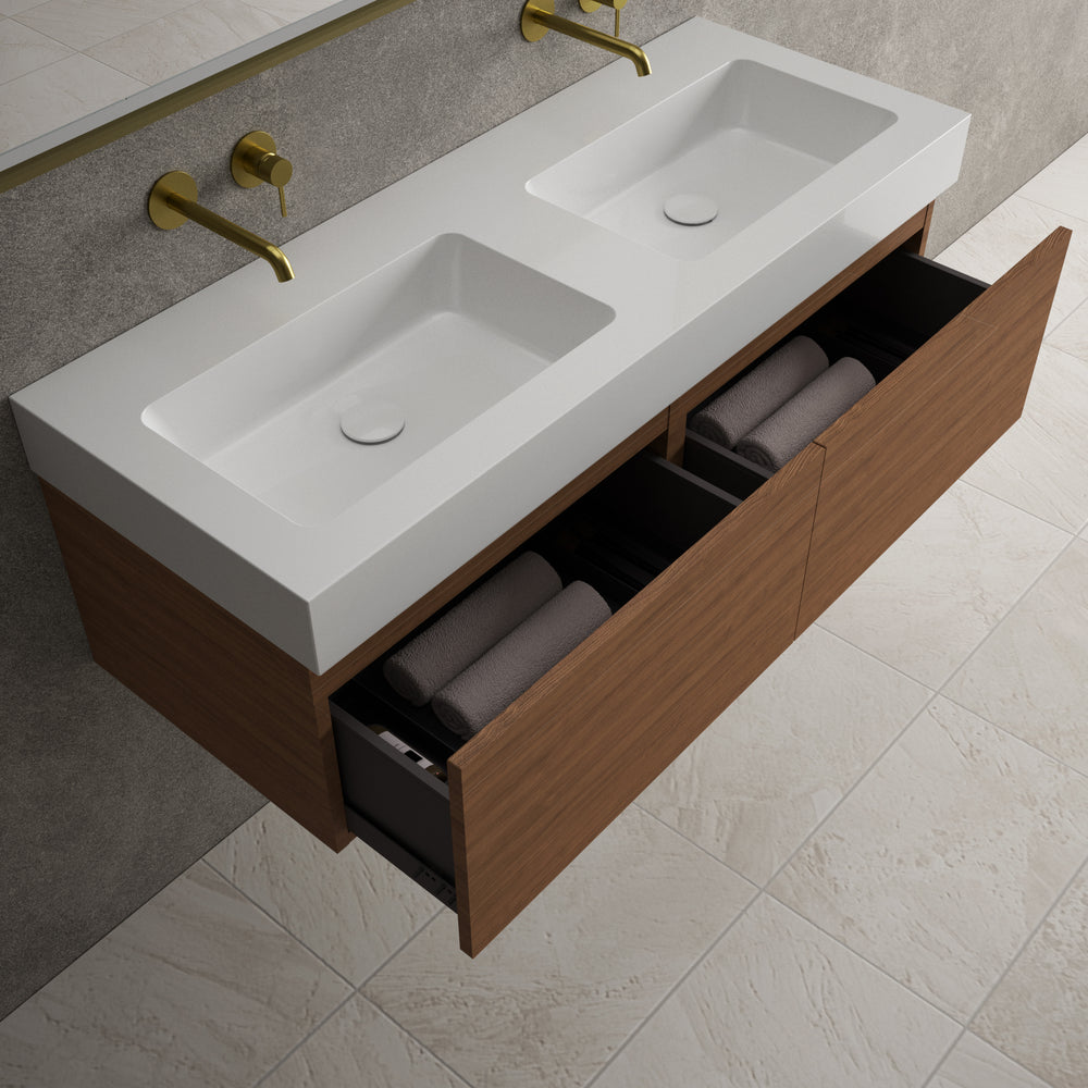 Raffinata Two Drawer Vanity Unit  With Beyondstone BLOC Double Basin - Walnut 1200mm