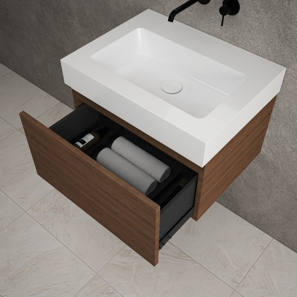 Raffinata One Drawer Vanity Unit  With Beyondstone BLOC Basin - Walnut 600mm