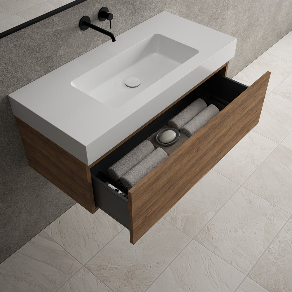 Raffinata One Drawer Vanity Unit With Beyondstone BLOC Basin - Oak 1000mm