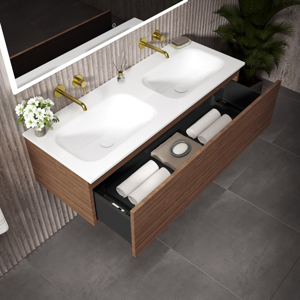 Raffinata One Drawer Vanity Unit With Beyondstone Double Basin - Walnut 1200mm