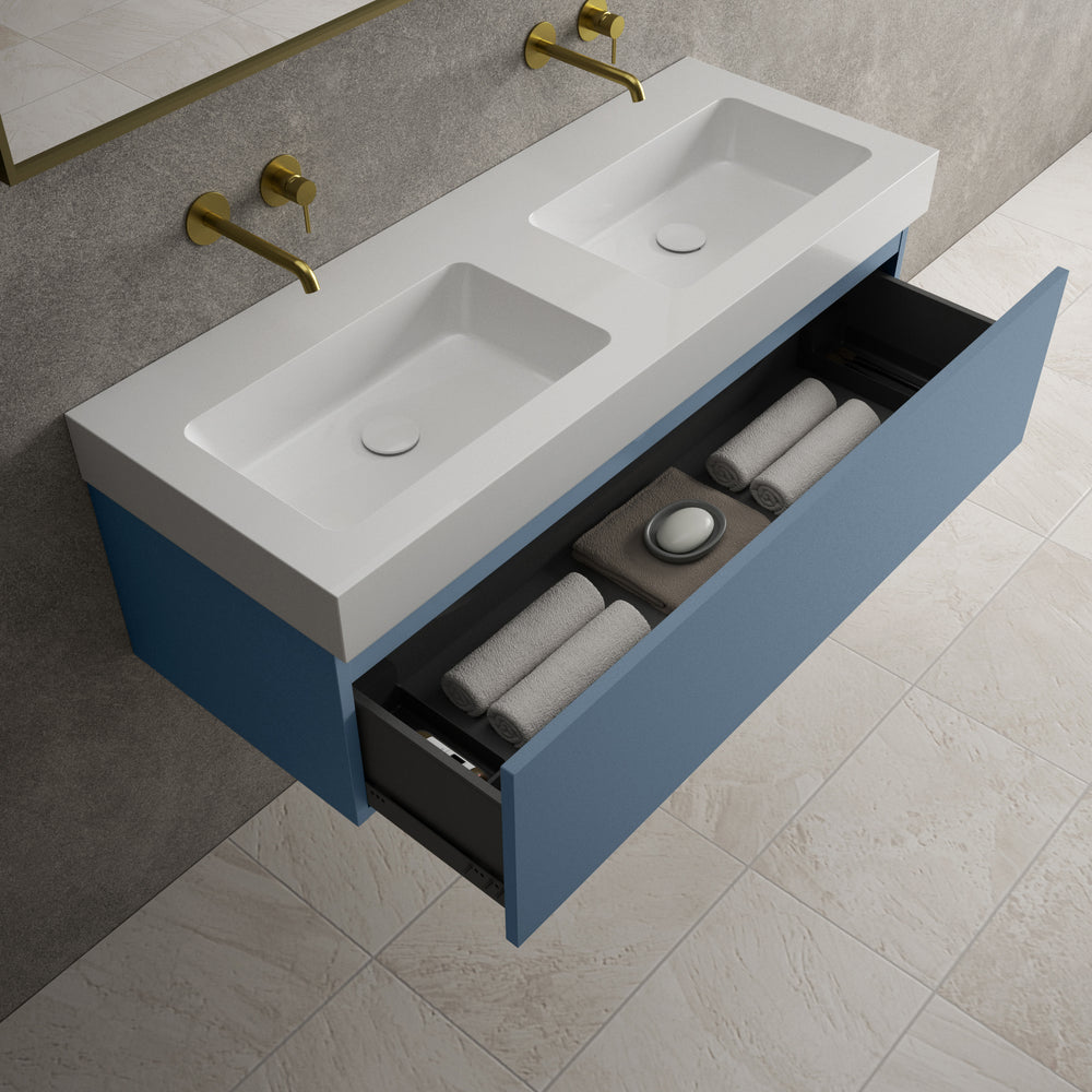 Raffinata One Drawer Vanity Unit With Beyondstone Double BLOC Basin - Matt Navy 1200mm