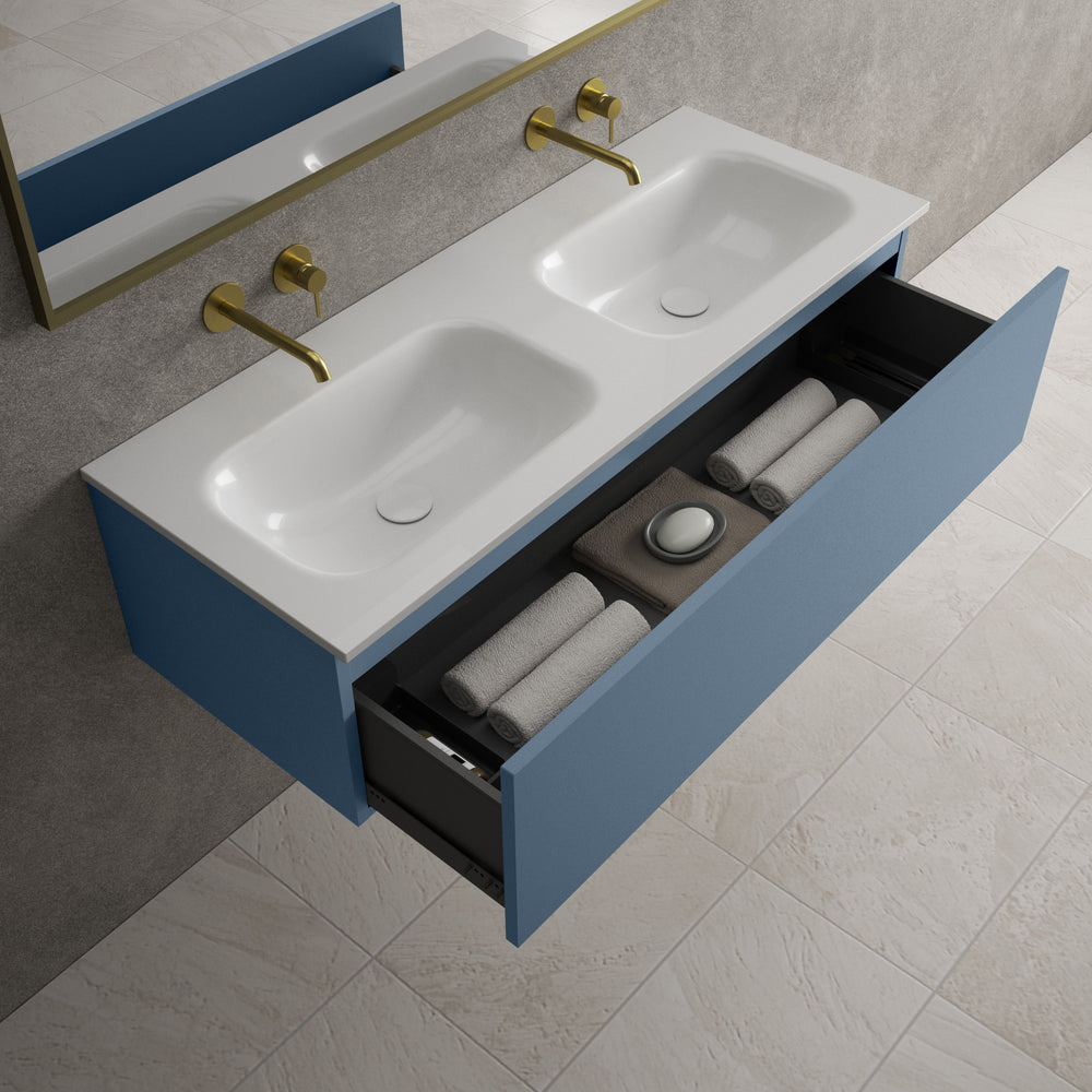 Raffinata One Drawer Vanity Unit With Beyondstone Double Basin - Matt Navy 1200mm