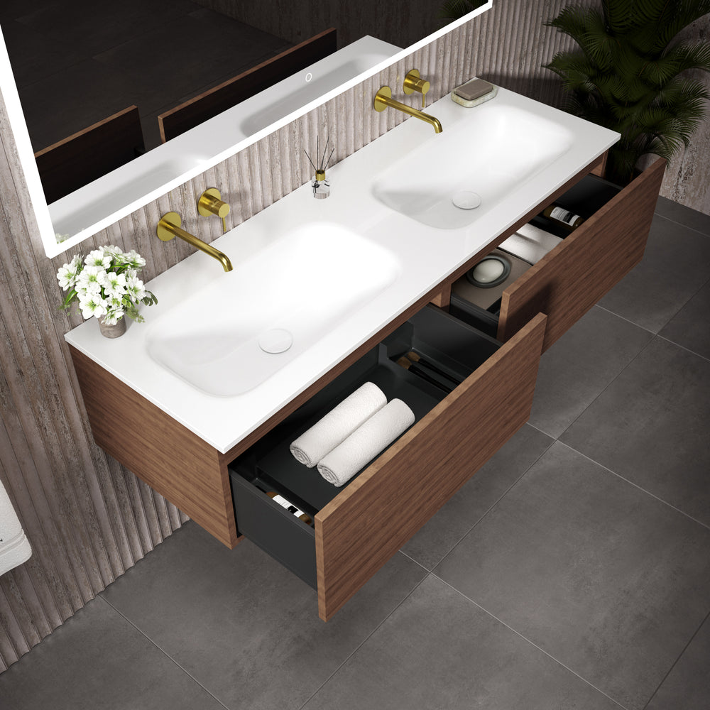 Raffinata Two Drawer Vanity Unit With Beyondstone Double Basin - Walnut 1400mm