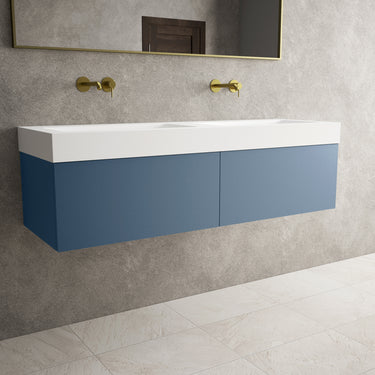 Raffinata Two Drawer Vanity Unit With Beyondstone BLOC Double Basin - Matt Navy 1400mm