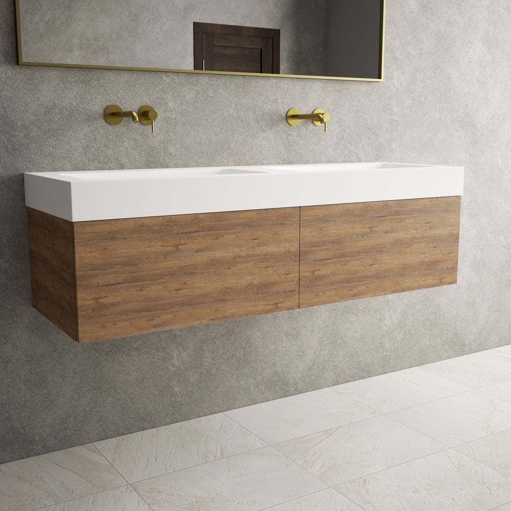 Raffinata Two Drawer Vanity Unit With Beyondstone BLOC Double Basin - Oak 1400mm