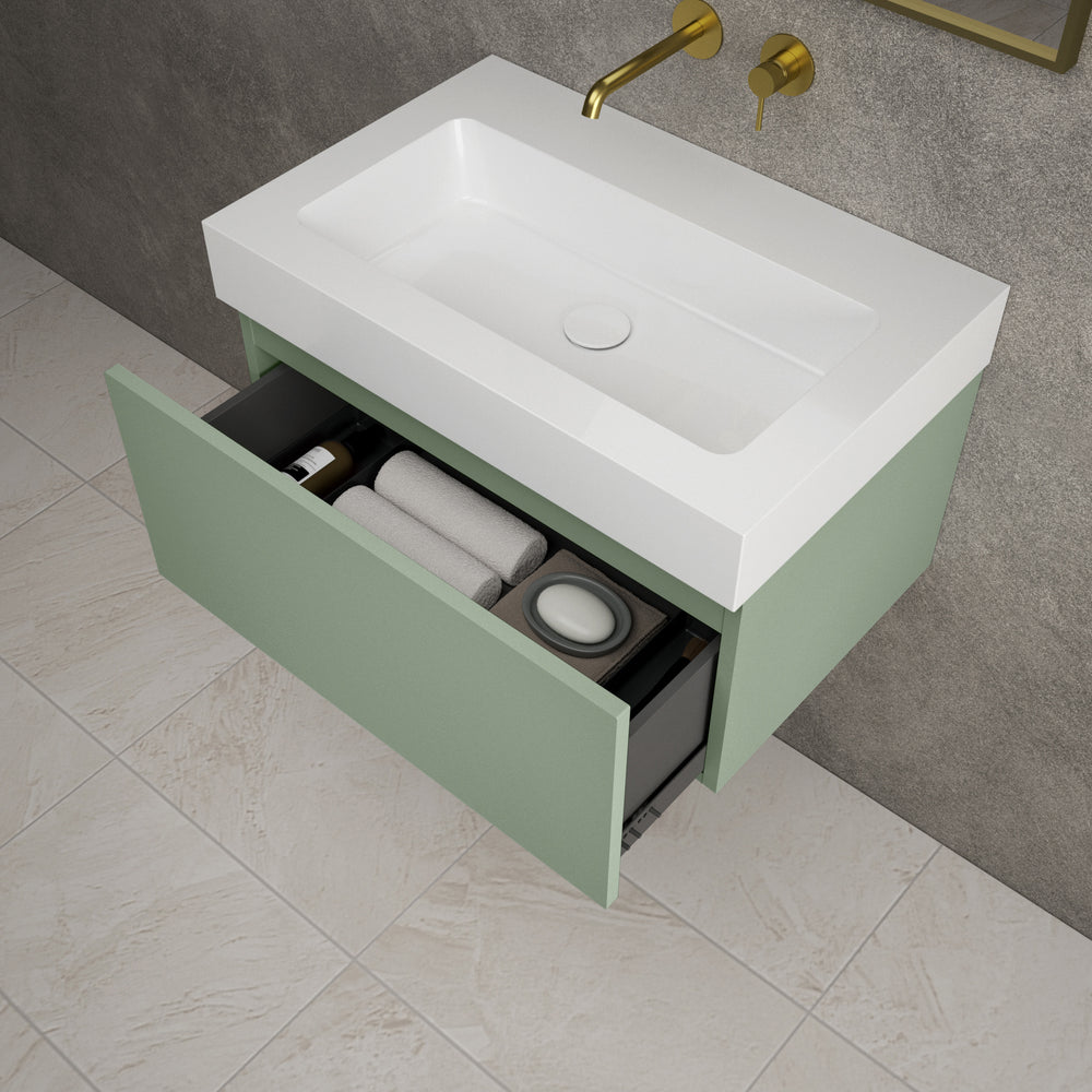 Raffinata One Drawer Vanity Unit  With Beyondstone BLOC Basin - Matt Light Green 700mm