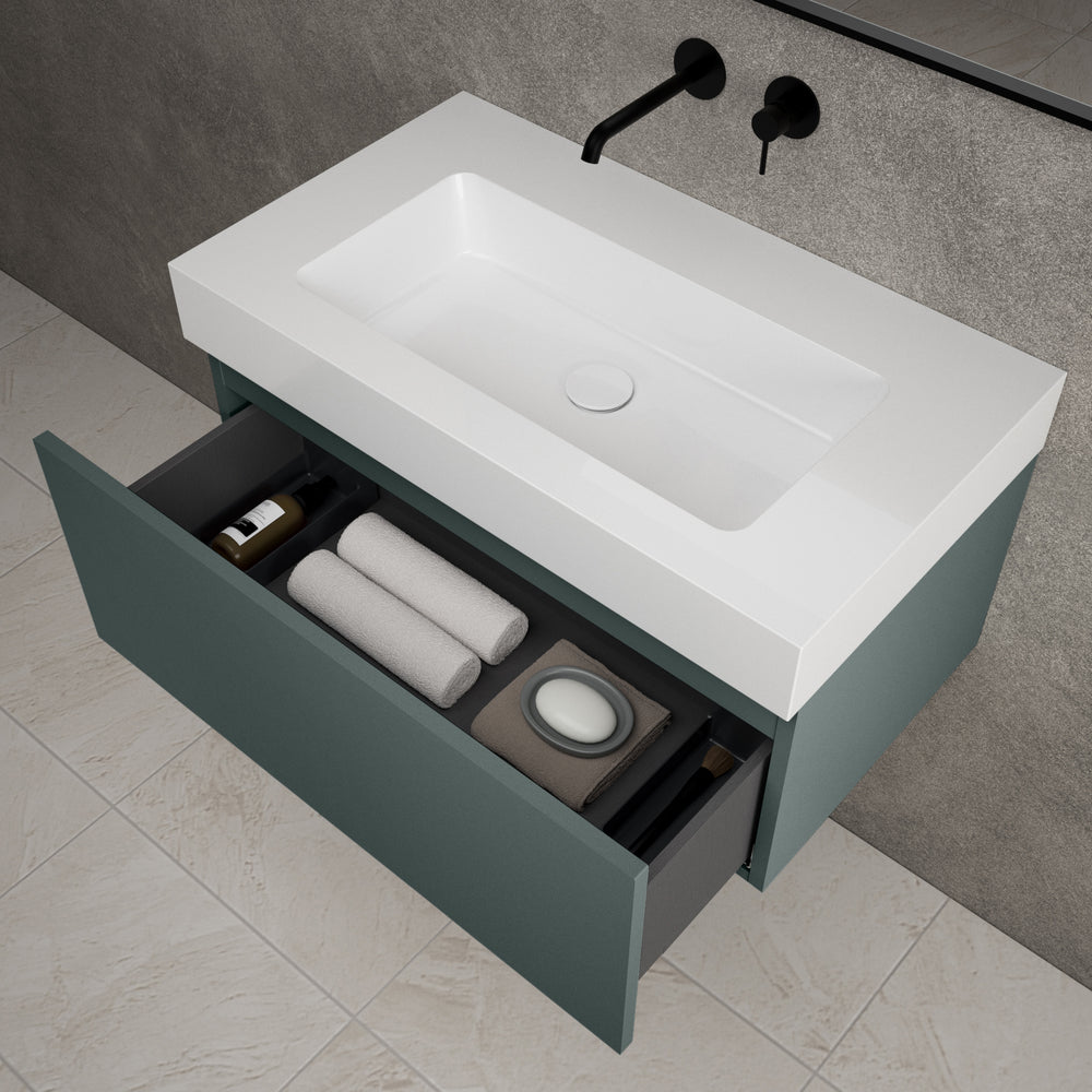 Raffinata One Drawer Vanity Unit With Beyondstone BLOC Basin - Matt Dark Green 800mm