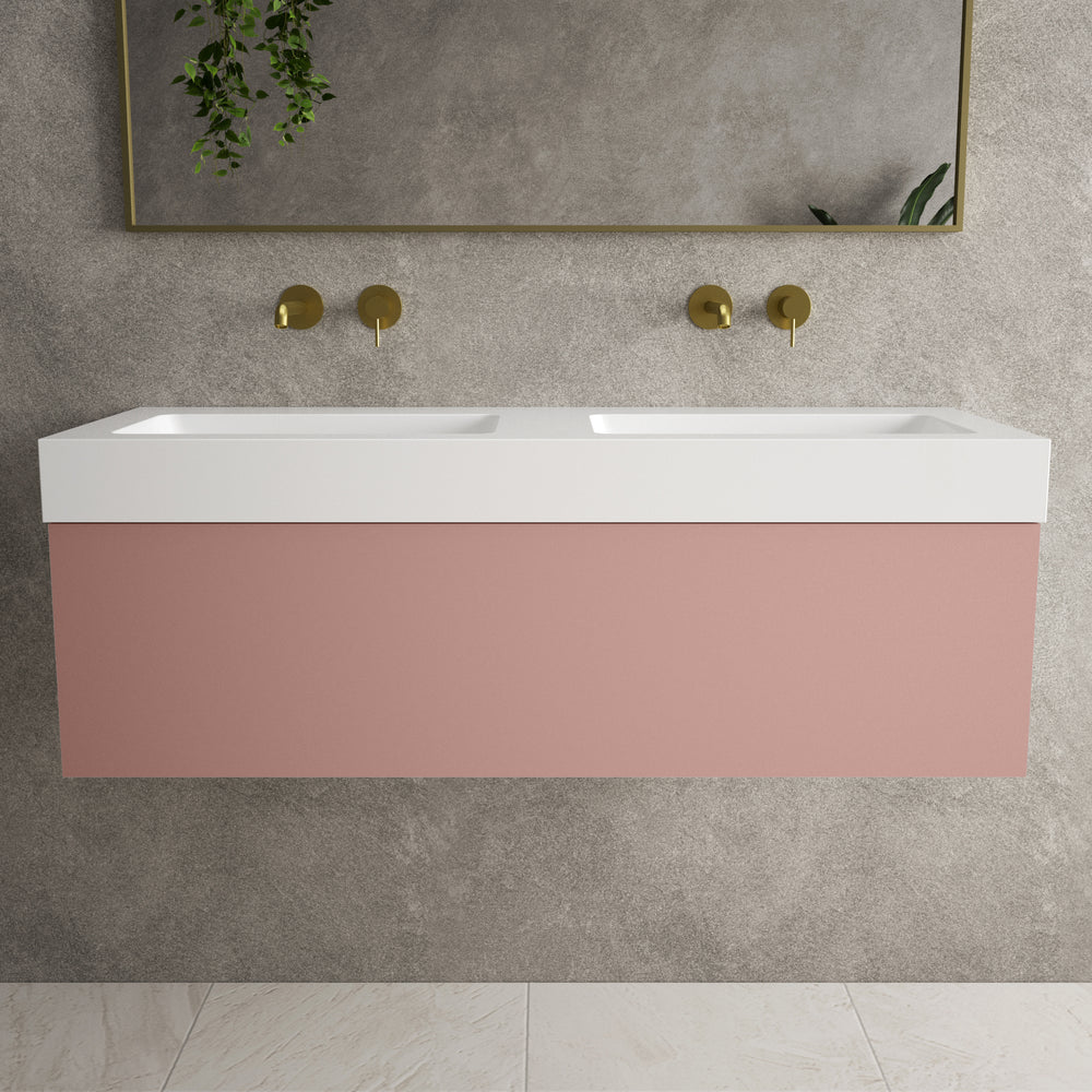 Raffinata One Drawer Vanity Unit With Beyondstone Double BLOC Basin - Matt Pink 1200mm