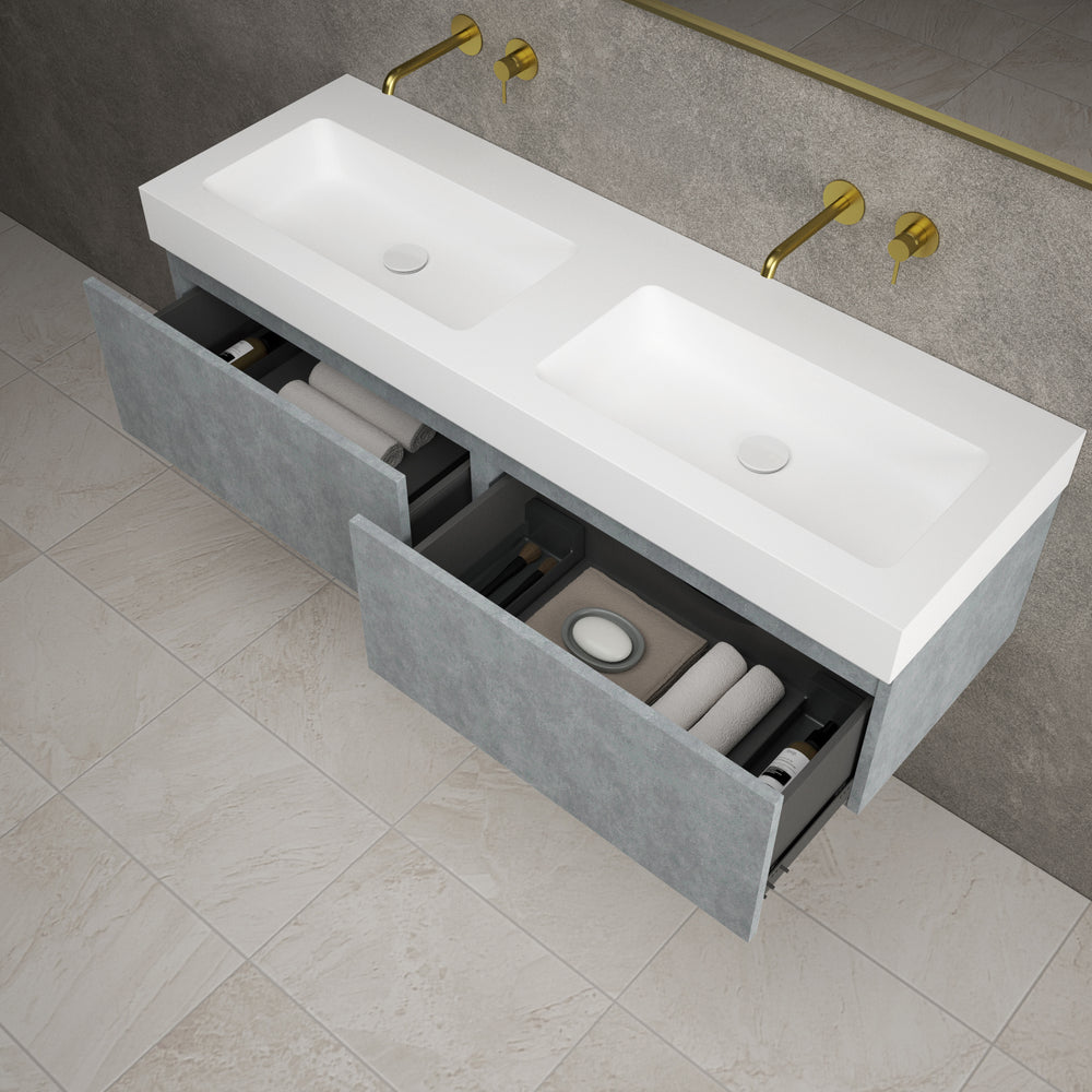 Raffinata Two Drawer Vanity Unit With Beyondstone BLOC Double Basin - Light Concrete 1400mm