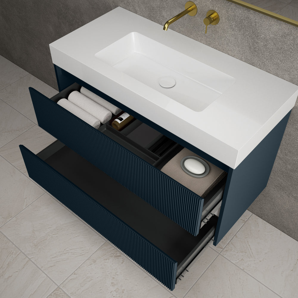 Scanalato Double Drawer Vanity Unit  With Beyondstone BLOC Basin - Midnight Blue 1000mm