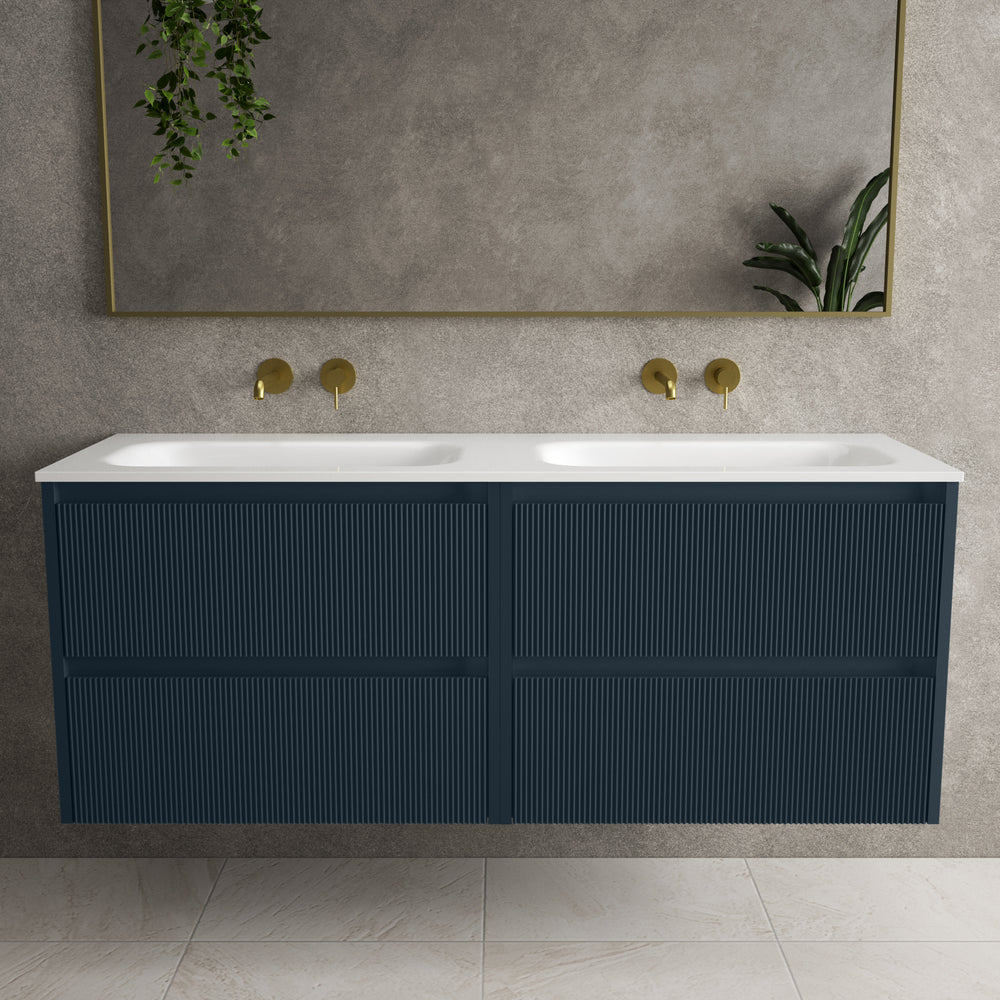 Scanalato Four Drawer Vanity Unit With Beyondstone Double Basin - Midnight Blue 1400mm