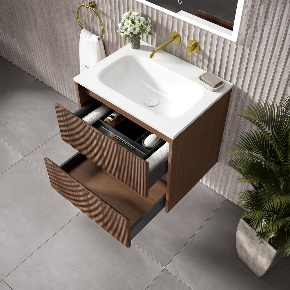 Scanalato Double Drawer Vanity Unit  With Beyondstone Basin - Walnut 600mm