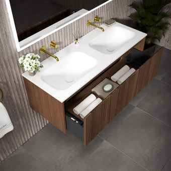 Scanalato Single Drawer Vanity Unit With Beyondstone Double Basin - Walnut 1200mm