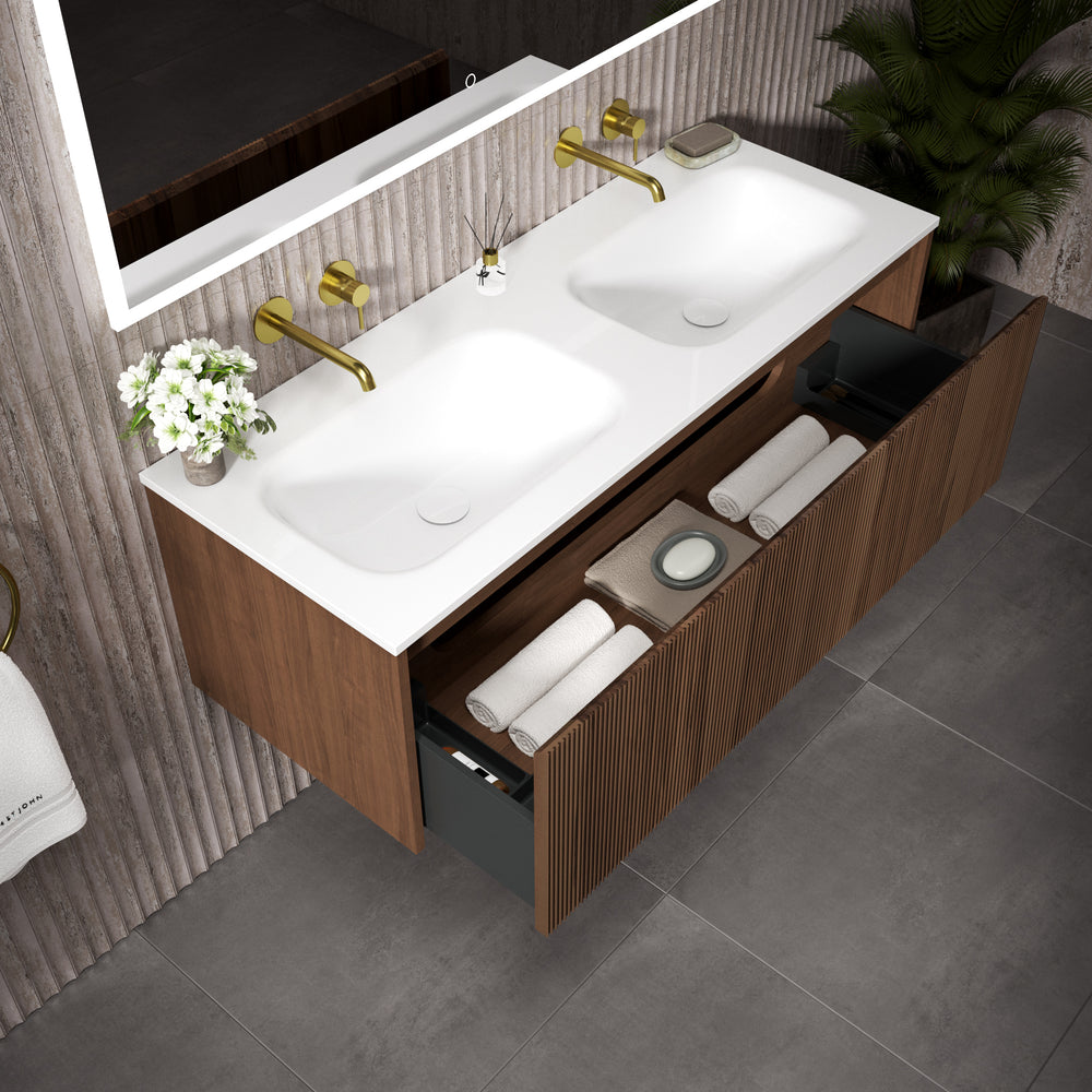 Scanalato Single Drawer Vanity Unit With Beyondstone Double Basin - Walnut 1200mm