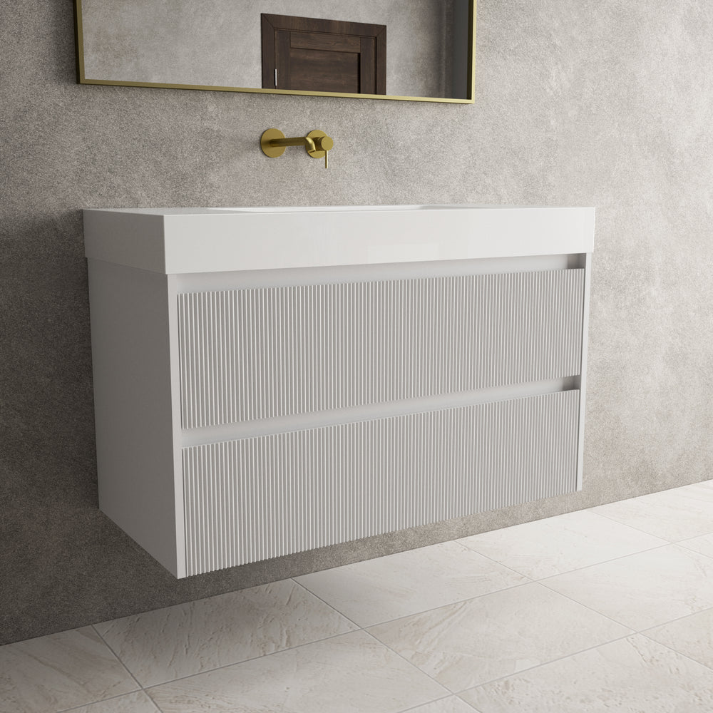 Scanalato Double Drawer Vanity Unit  With Beyondstone BLOC Basin - Soft Grey 1000mm