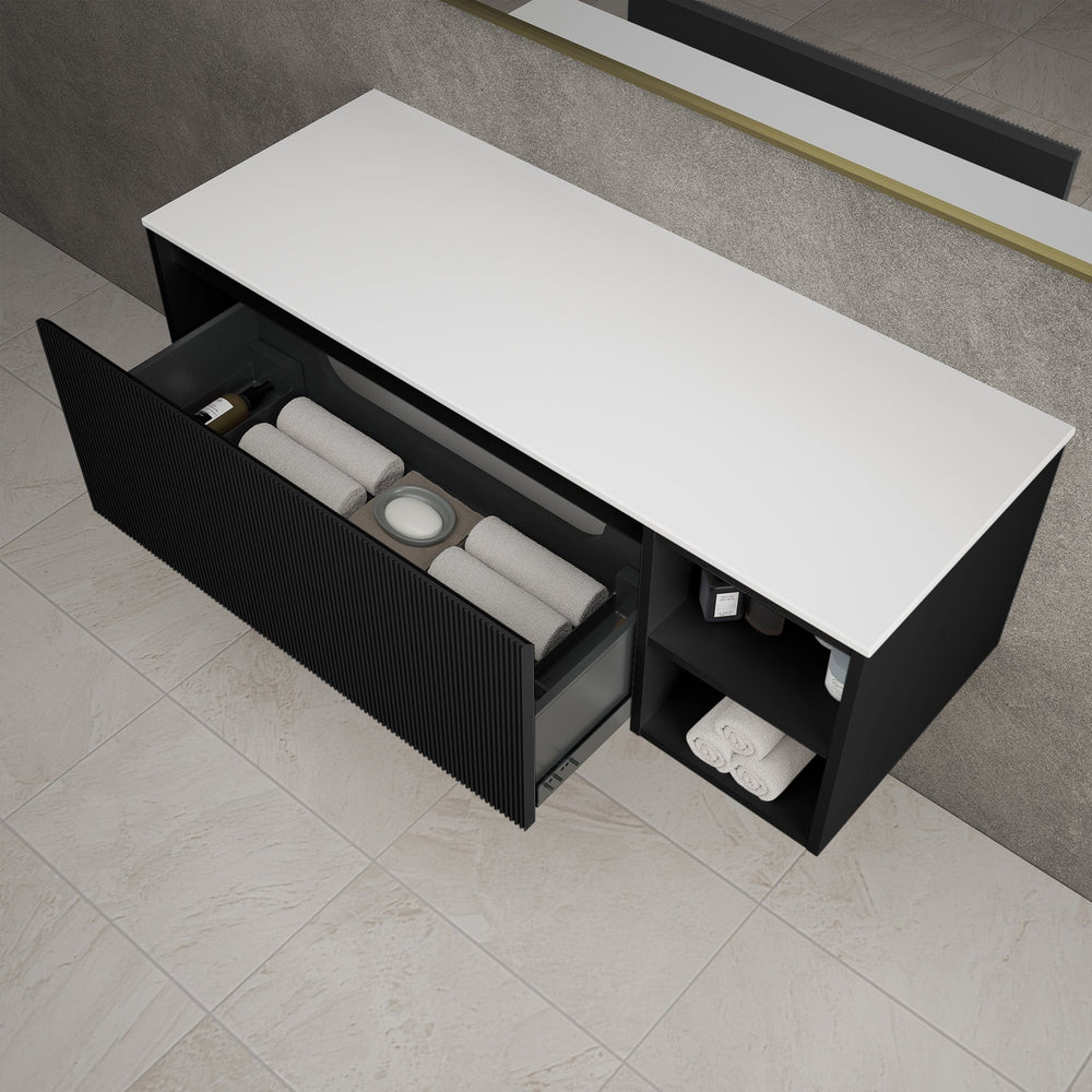 Scanalato Single Drawer Countertop Vanity Unit With Open Storage Space - Pure Black 1200mm