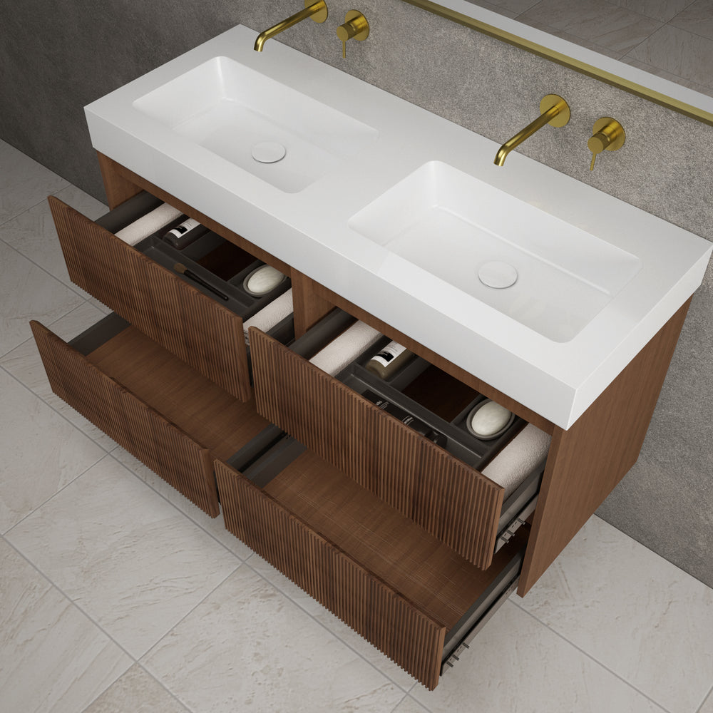 Scanalato Four Drawer Vanity Unit With Beyondstone BLOC Double Basin - Walnut 1200mm