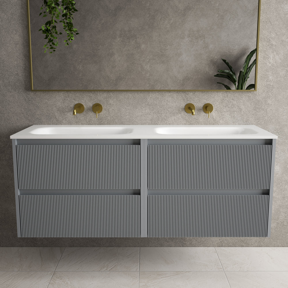 Scanalato Four Drawer Vanity Unit With Beyondstone Double Basin - Dove Grey 1400mm