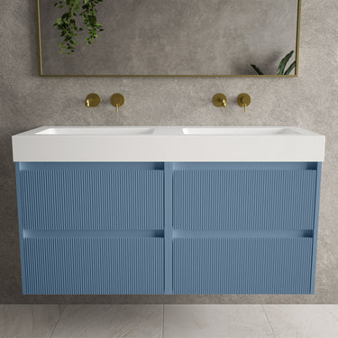 Scanalato Four Drawer Vanity Unit With Beyondstone BLOC Double Basin - Soft Blue 1200mm