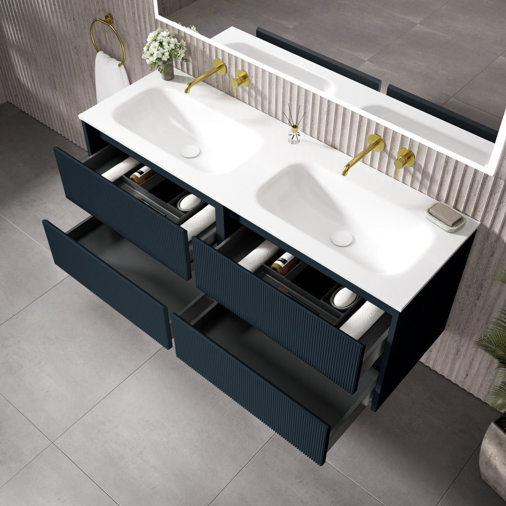 Scanalato Four Drawer Vanity Unit With Beyondstone Double Basin - Midnight Blue 1400mm