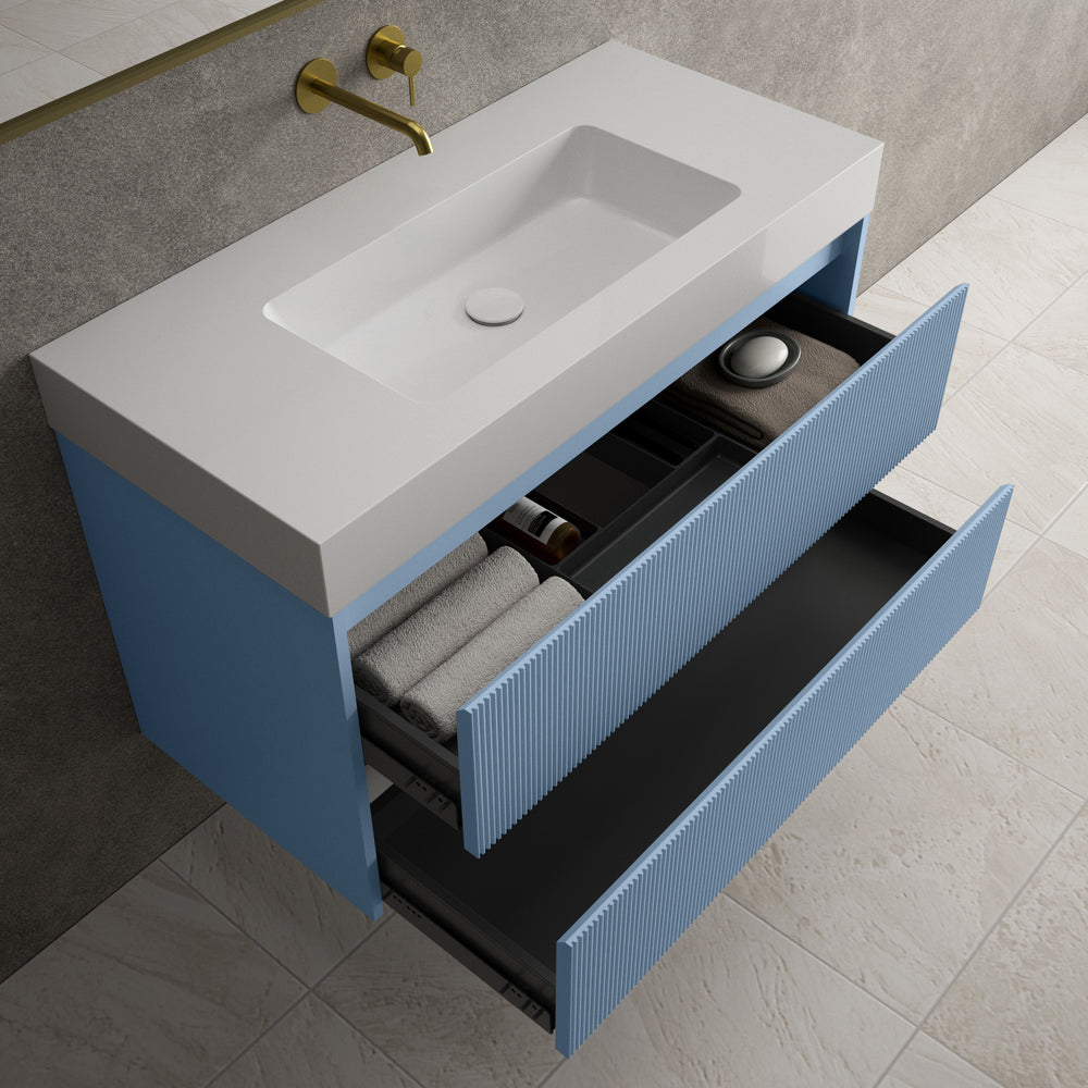 Scanalato Double Drawer Vanity Unit  With Beyondstone BLOC Basin - Soft Blue 1000mm