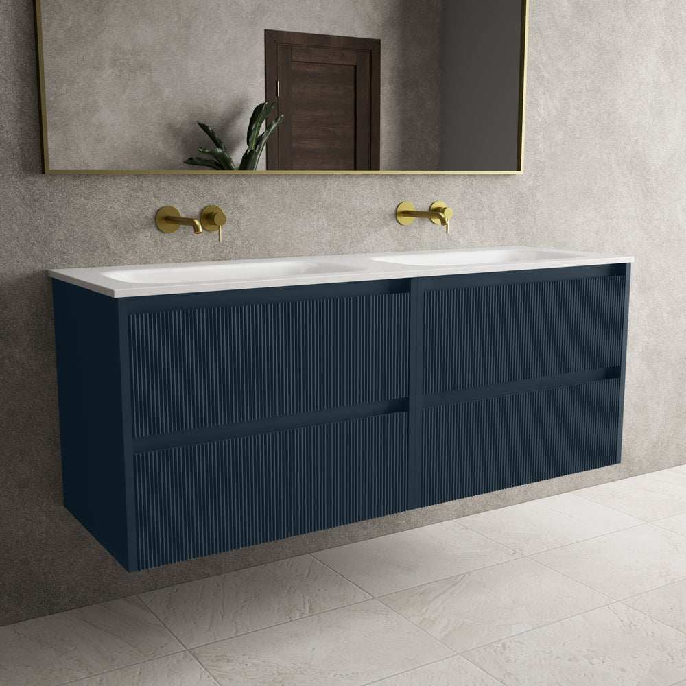 Scanalato Four Drawer Vanity Unit With Beyondstone Double Basin - Midnight Blue 1400mm