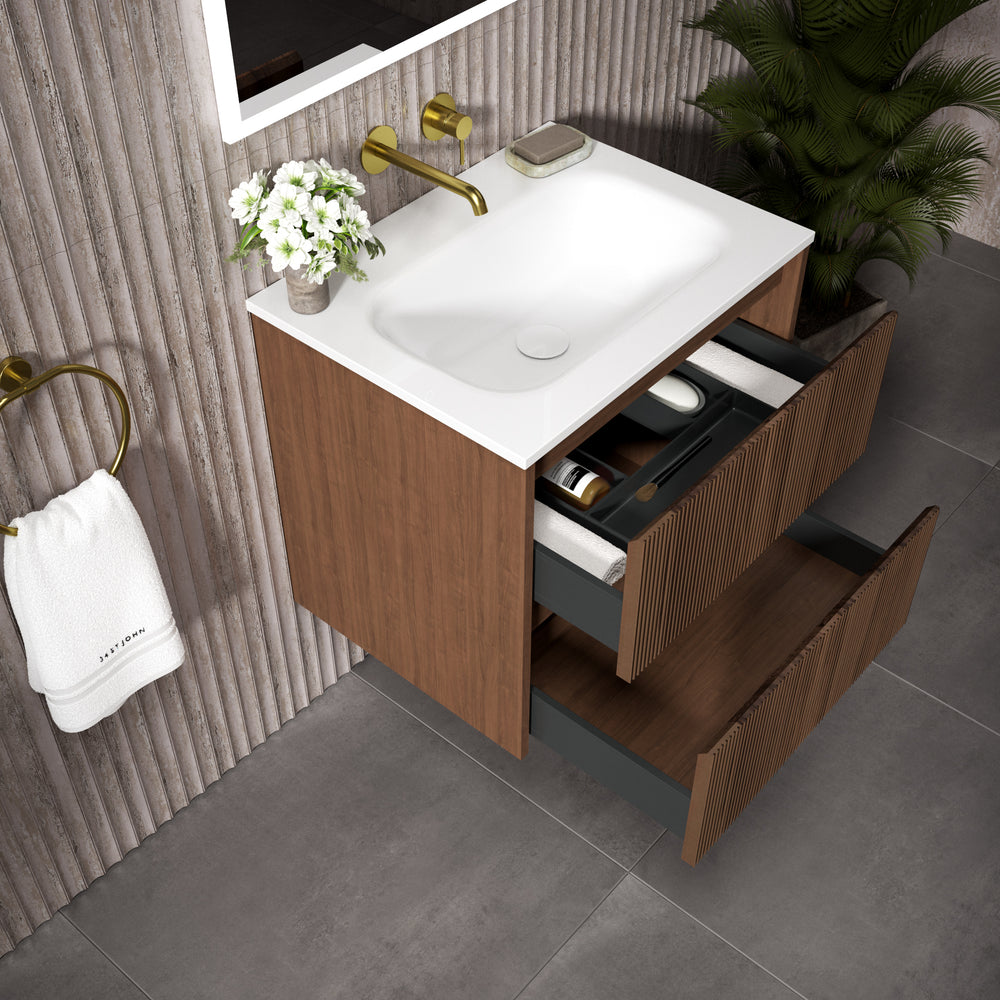 Scanalato Double Drawer Vanity Unit  With Beyondstone Basin - Walnut 600mm
