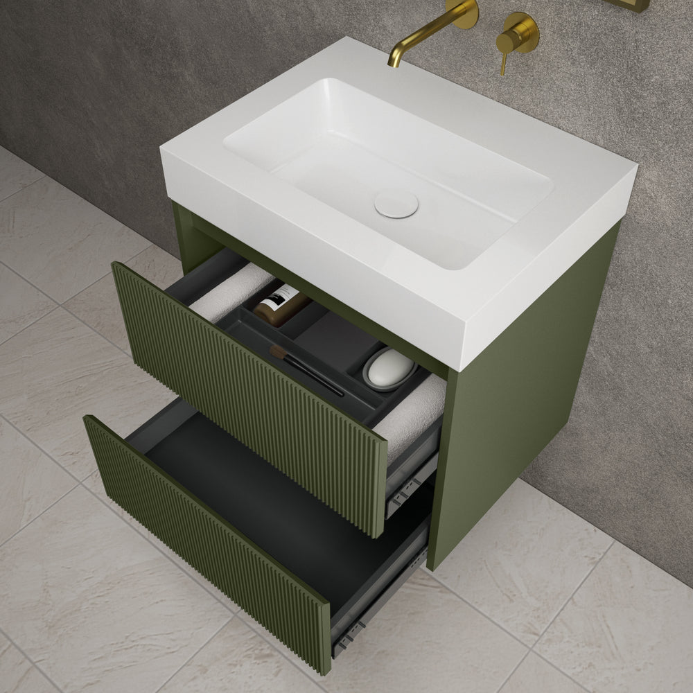 Scanalato Double Drawer Vanity Unit  With Beyondstone BLOC Basin - Seaweed 600mm