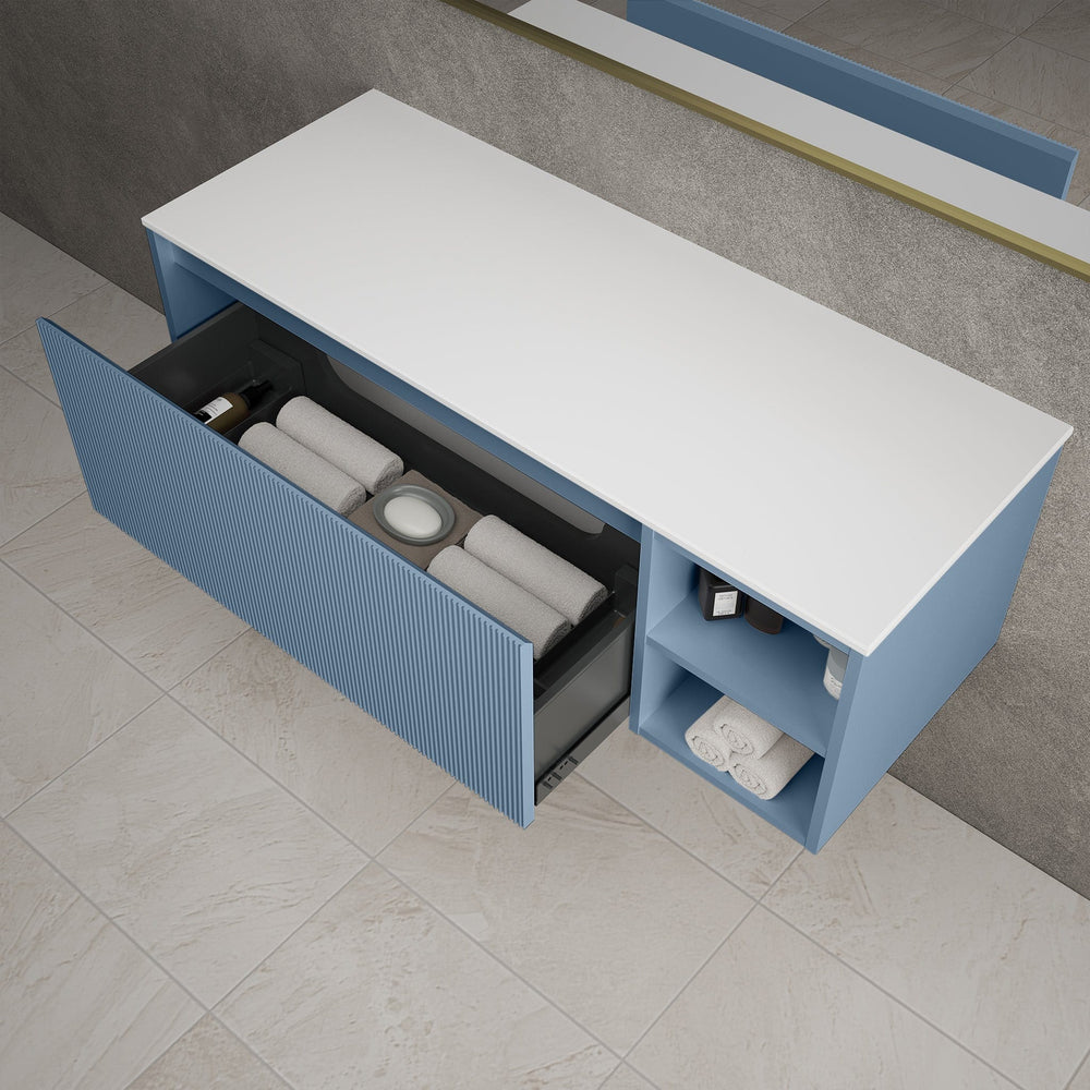 Scanalato Single Drawer Countertop Vanity Unit With Open Storage Space - Soft Blue 1200mm