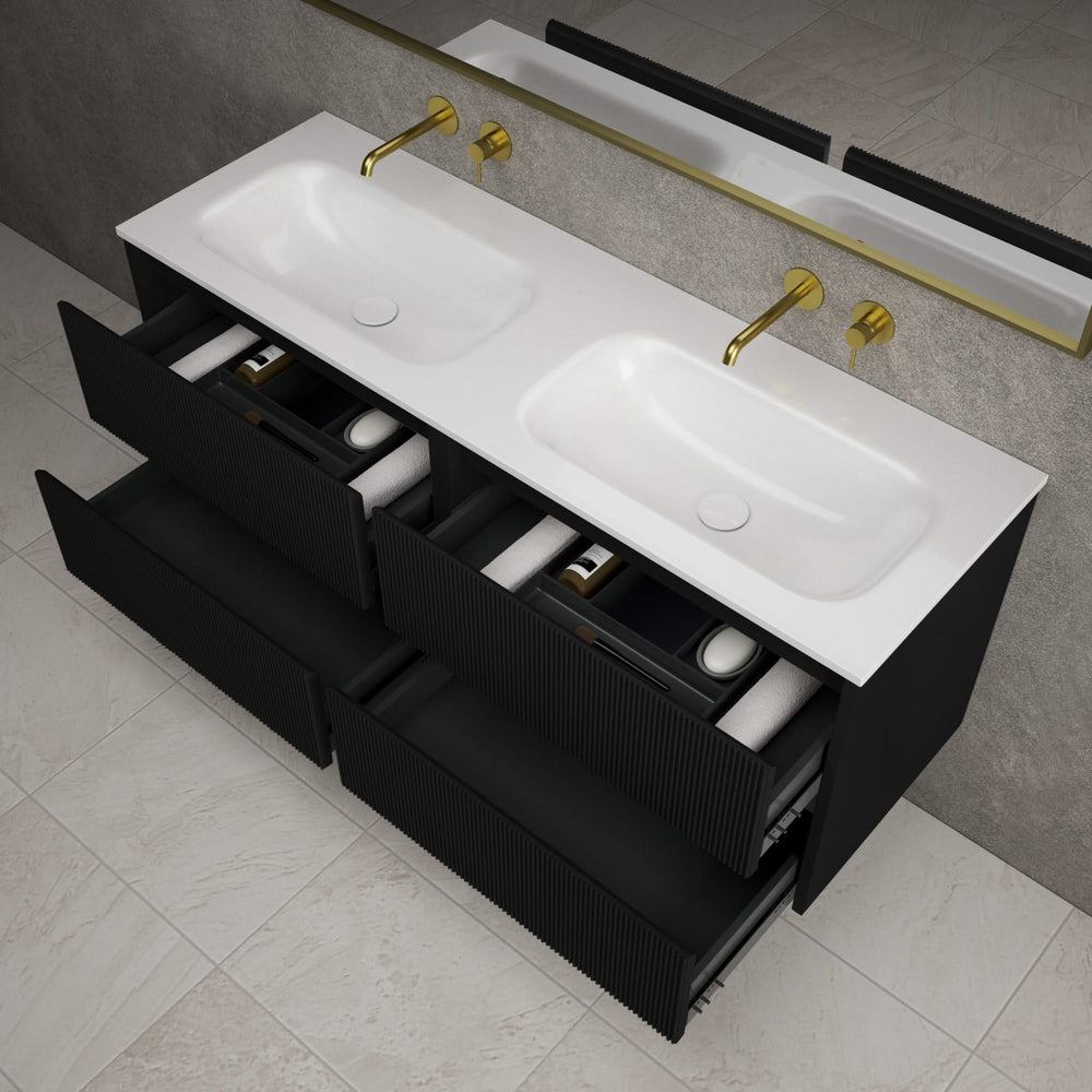 Scanalato Four Drawer Vanity Unit With Beyondstone Double Basin - Pure Black 1400mm