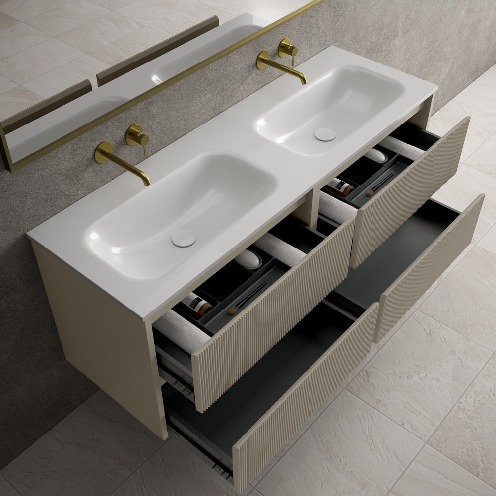 Scanalato Four Drawer Vanity Unit With Beyondstone Double Basin - Soft Taupe 1400mm