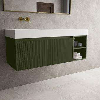 Scanalato Single Drawer Vanity Unit With Open Storage Space And Beyondstone BLOC Basin - Seaweed 1200mm