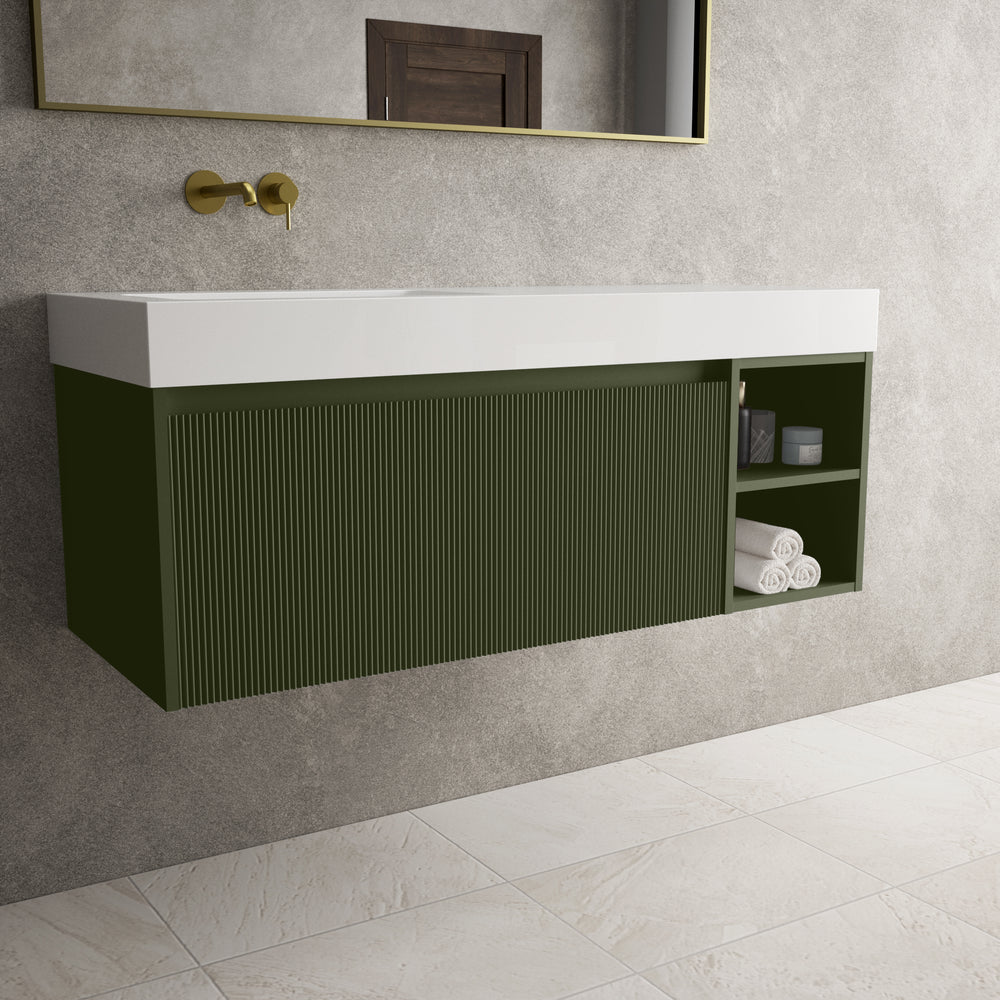 Scanalato Single Drawer Vanity Unit With Open Storage Space And Beyondstone BLOC Basin - Seaweed 1200mm