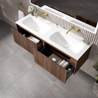 Scanalato Double Drawer Vanity Unit With Beyondstone Double Basin - Walnut 1400mm