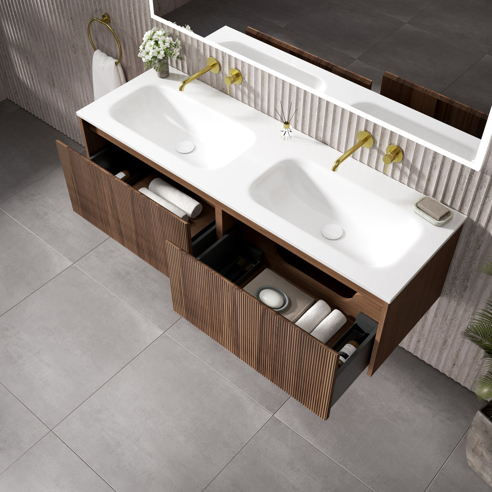 Scanalato Double Drawer Vanity Unit With Beyondstone Double Basin - Walnut 1400mm