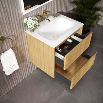 Scanalato Double Drawer Vanity Unit  With Beyondstone Basin - Oak 600mm
