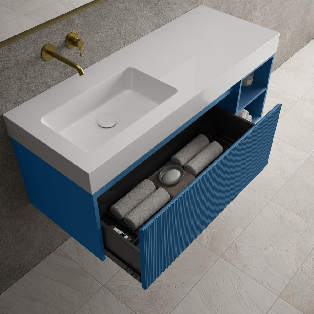 Scanalato Single Drawer Vanity Unit With Open Storage Space And Beyondstone BLOC Basin - Ocean Blue 1200mm