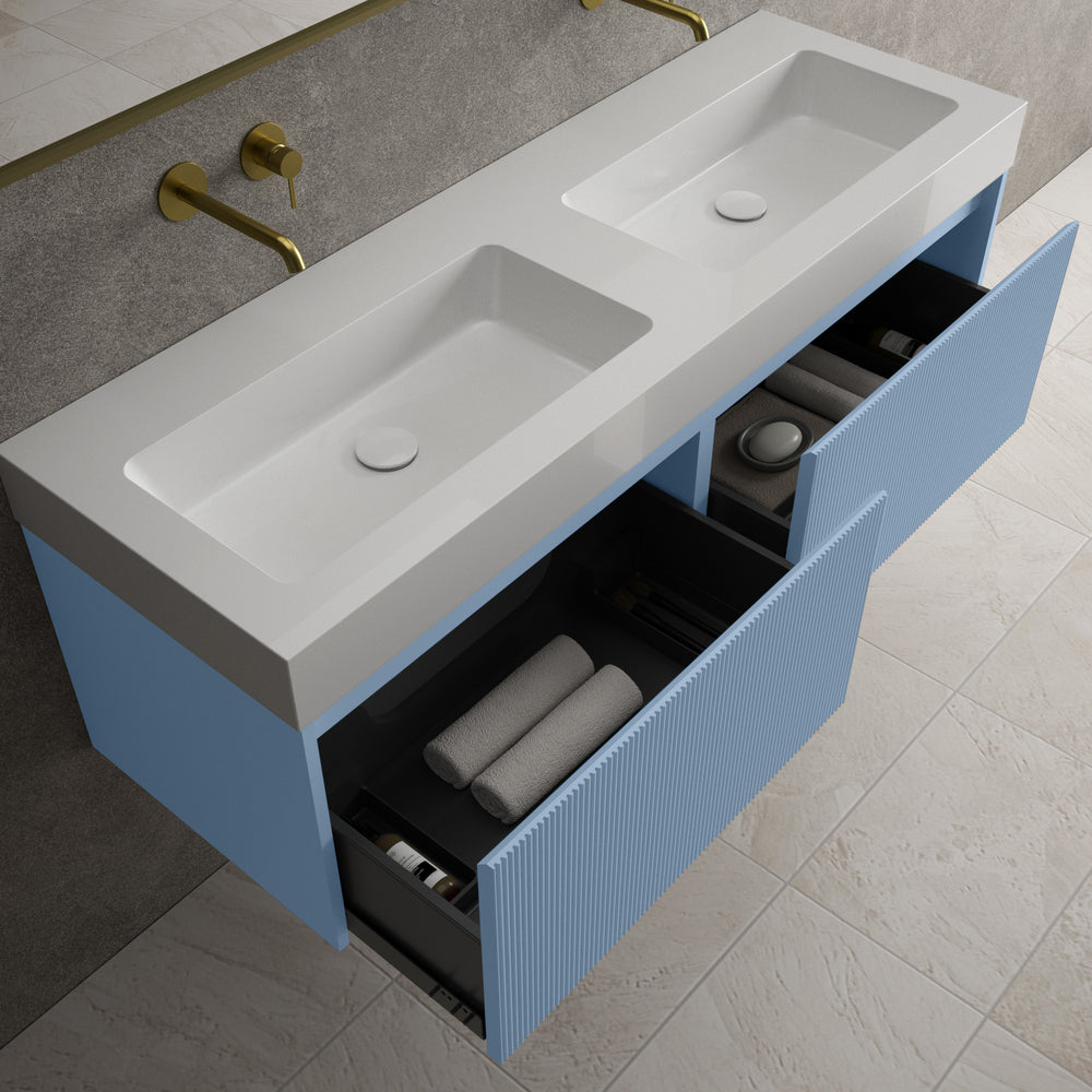 Scanalato Double Drawer Vanity Unit With Beyondstone BLOC Double Basin - Soft Blue 1400mm