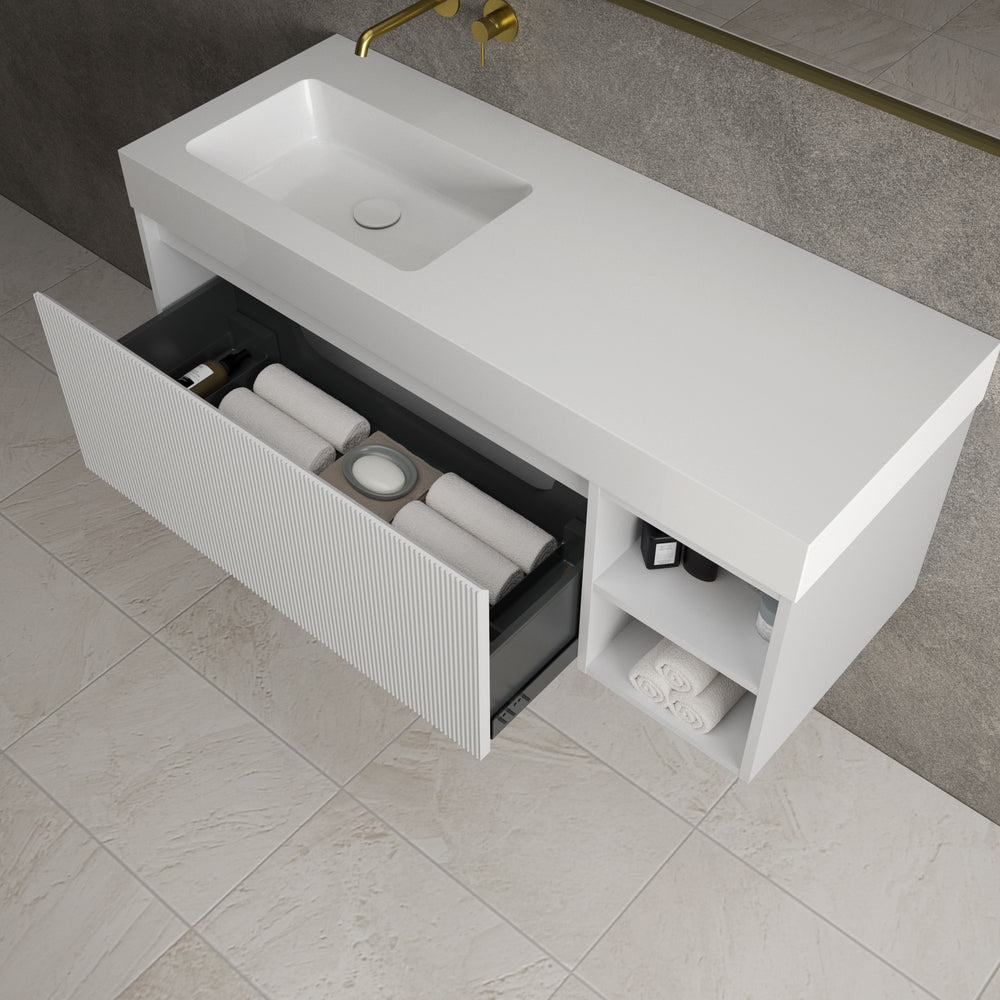 Scanalato Single Drawer Vanity Unit With Open Storage Space And Beyondstone BLOC Basin - Soft Grey 1200mm