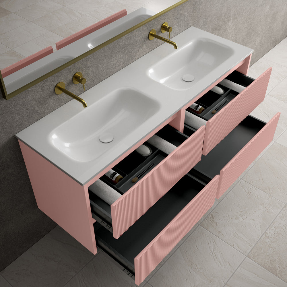Scanalato Four Drawer Vanity Unit With Beyondstone Double Basin - Dusky Pink 1400mm