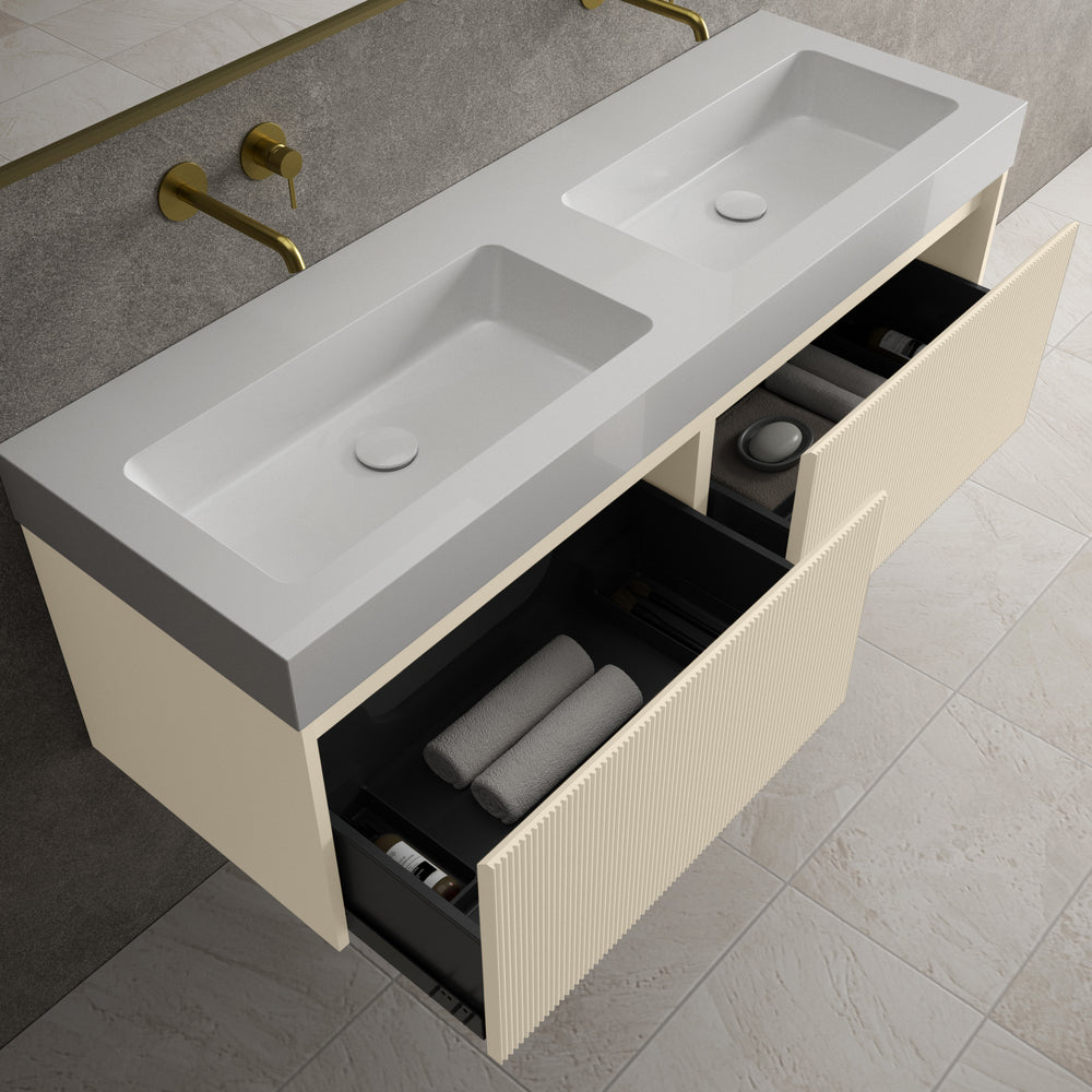 Scanalato Double Drawer Vanity Unit With Beyondstone BLOC Double Basin - Cashmere 1400mm