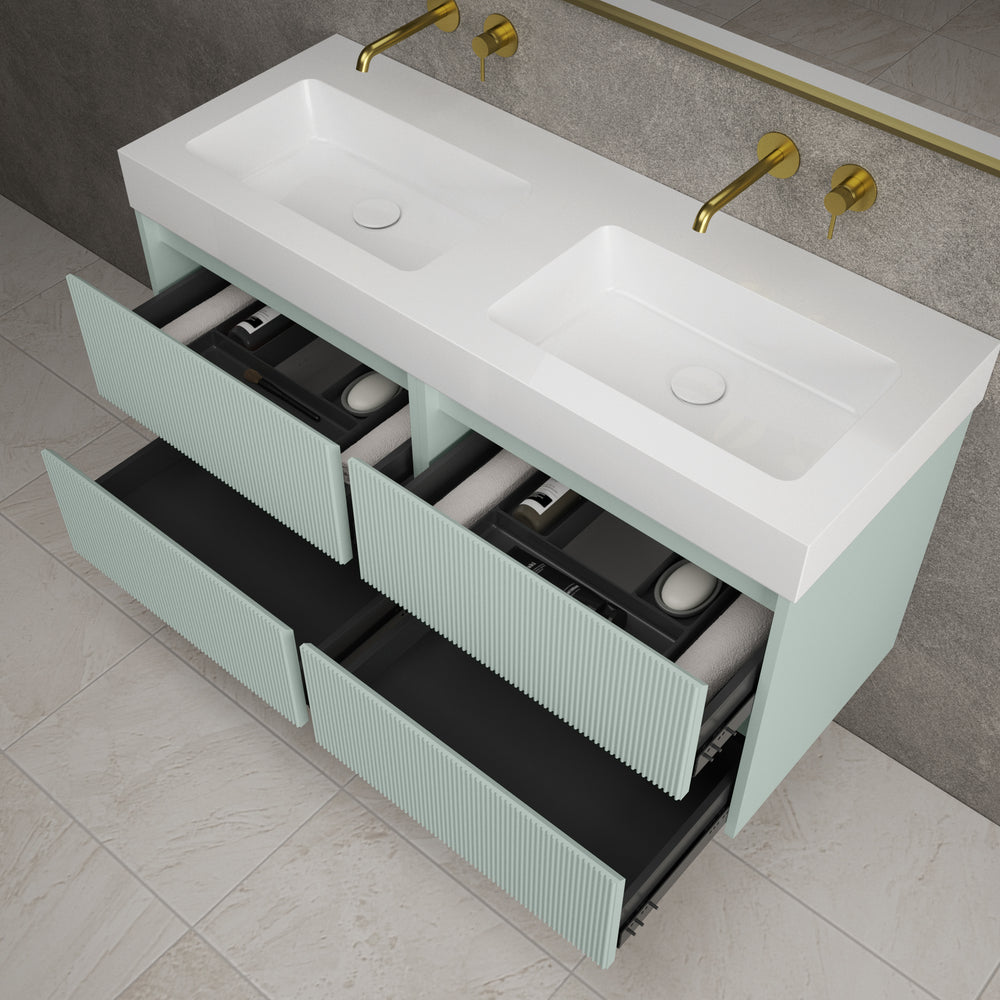 Scanalato Four Drawer Vanity Unit With Beyondstone BLOC Double Basin - Peppermint 1200mm