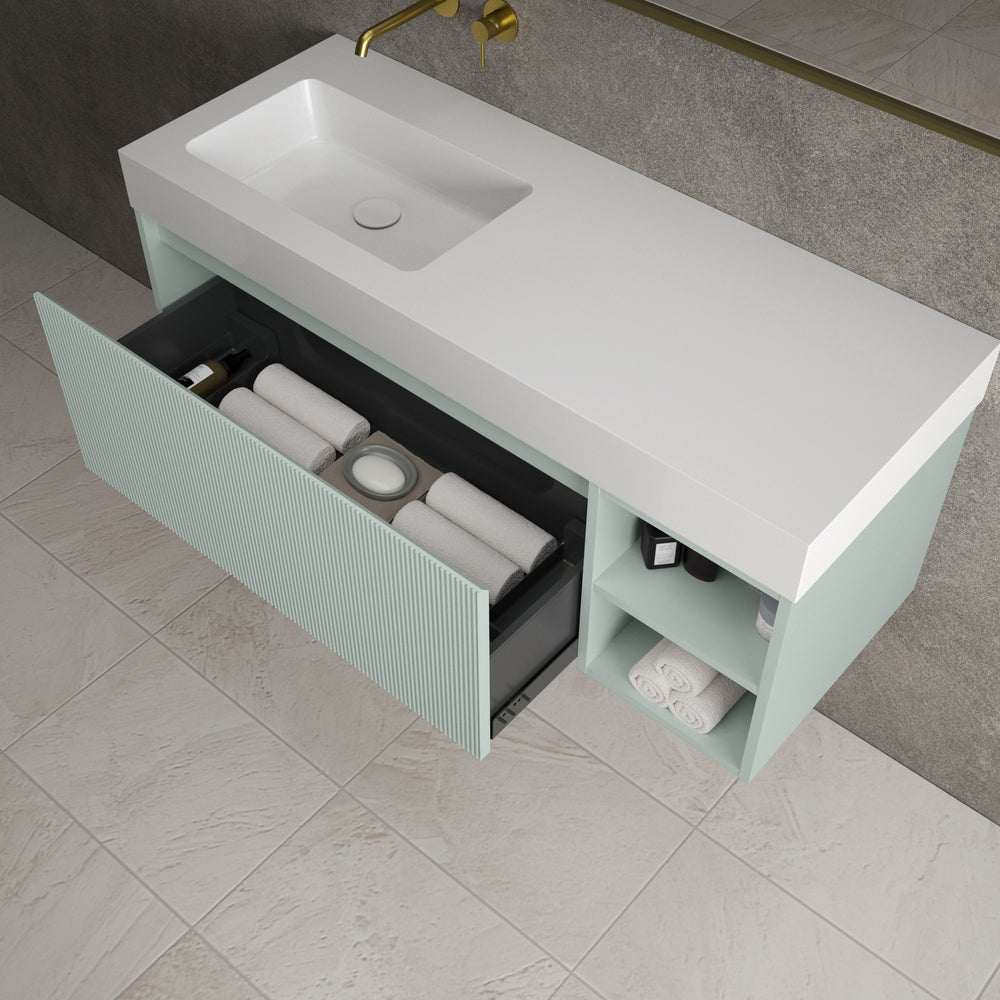 Scanalato Single Drawer Vanity Unit With Open Storage Space And Beyondstone BLOC Basin - Peppermint 1200mm