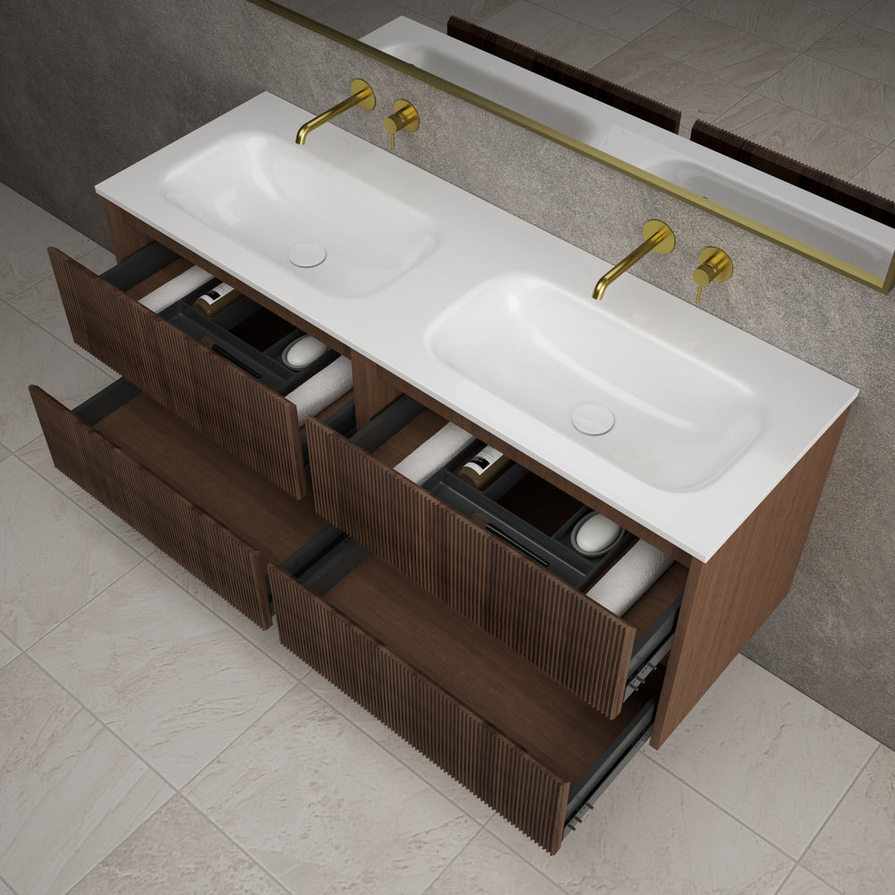 Scanalato Four Drawer Vanity Unit With Beyondstone Double Basin - Walnut 1400mm
