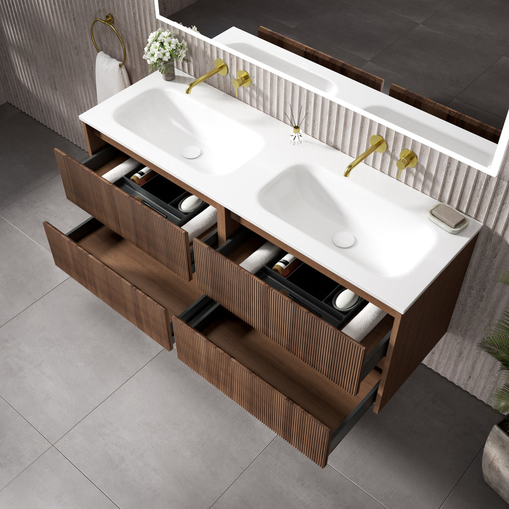 Scanalato Four Drawer Vanity Unit With Beyondstone Double Basin - Walnut 1400mm