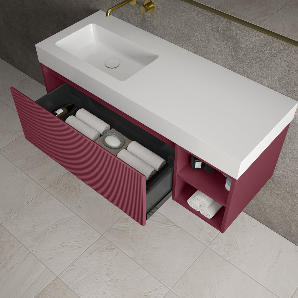 Scanalato Single Drawer Vanity Unit With Open Storage Space And Beyondstone BLOC Basin - Mineral Red 1200mm