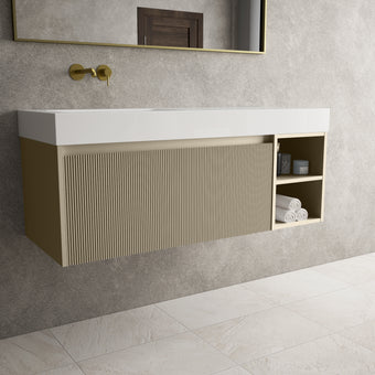 Scanalato Single Drawer Vanity Unit With Open Storage Space And Beyondstone BLOC Basin - Cashmere 1200mm